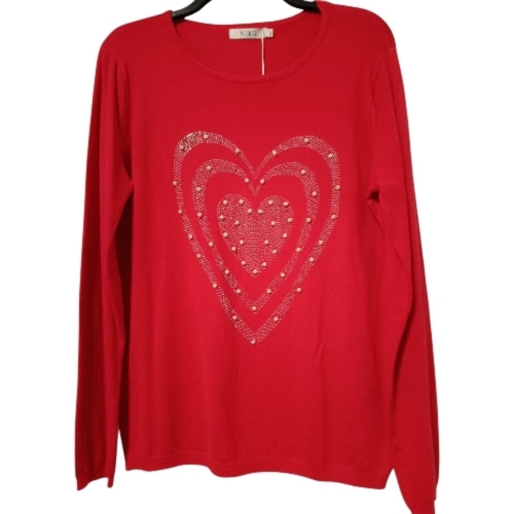 XL❤️Vintage Festive Vibrant Red Sweater Heart Pearls Design Valentine Galentine - Picture 2 of 6